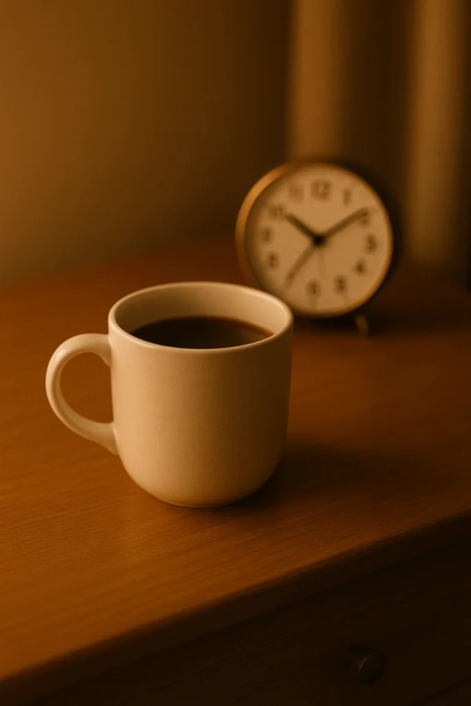 Coffee cup on a desk under warm muted lighting, representing limiting afternoon caffeine to support healthy sleep and circadian rhythm.