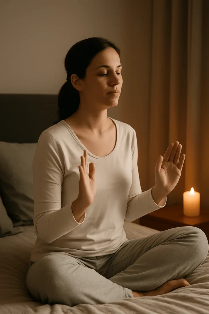 Person sitting in bed practicing deep breathing in soft candlelight, showing how mindfulness and relaxation support healthy sleep habits and reduce stress before bed.