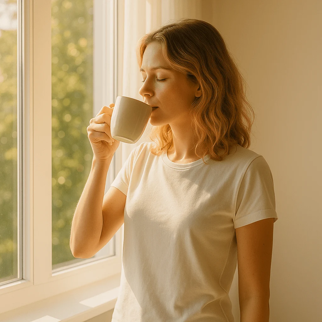 Woman sipping tea near a window with golden morning light, representing morning sunlight exposure for healthy sleep habits and body clock reset.
