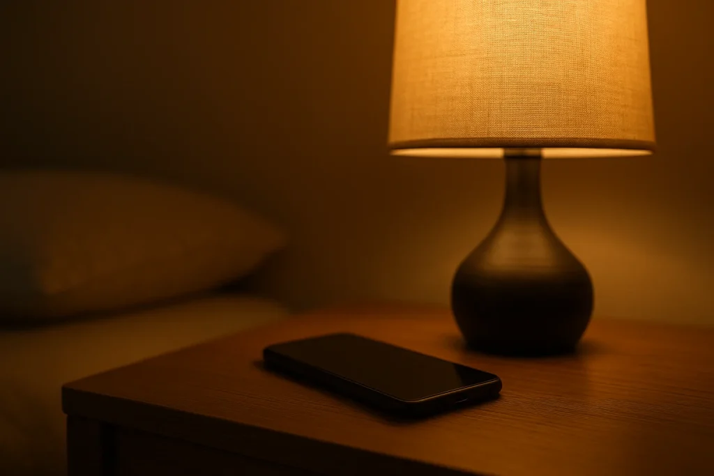 Phone placed face-down on a nightstand beside a dim lamp, representing turning off screens before bed to improve melatonin and sleep quality.