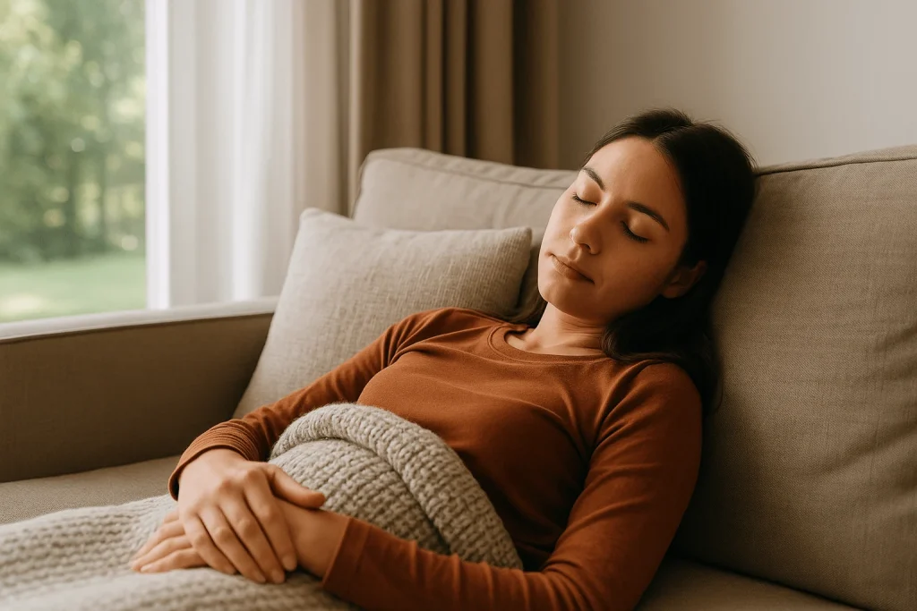 Person resting on a couch near daylight with a cozy throw blanket, representing a short early nap to recharge energy without disrupting nighttime sleep.