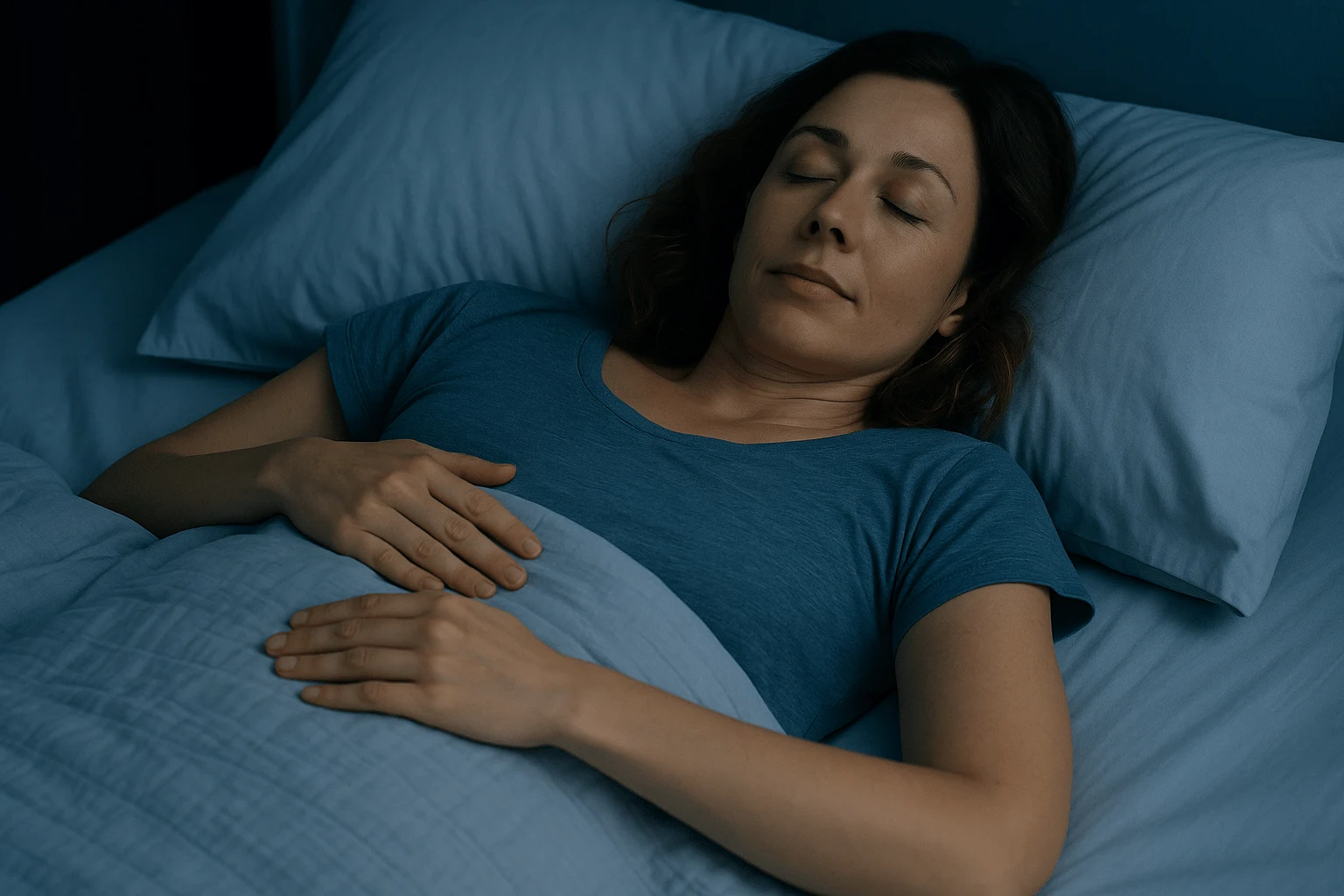 Woman sleeping peacefully in a calm bedroom with soft lighting, representing healthy sleep habits and deep, restorative rest.