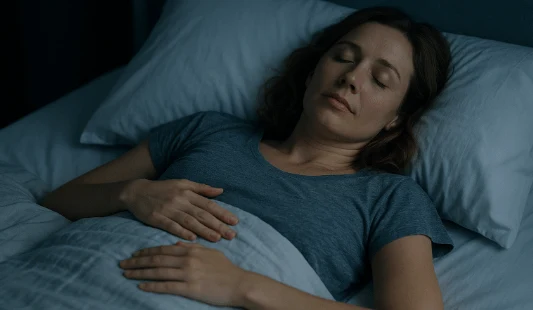 A calm, reassuring end image — someone at ease in bed, eyes closed or resting, no pressure or effort.