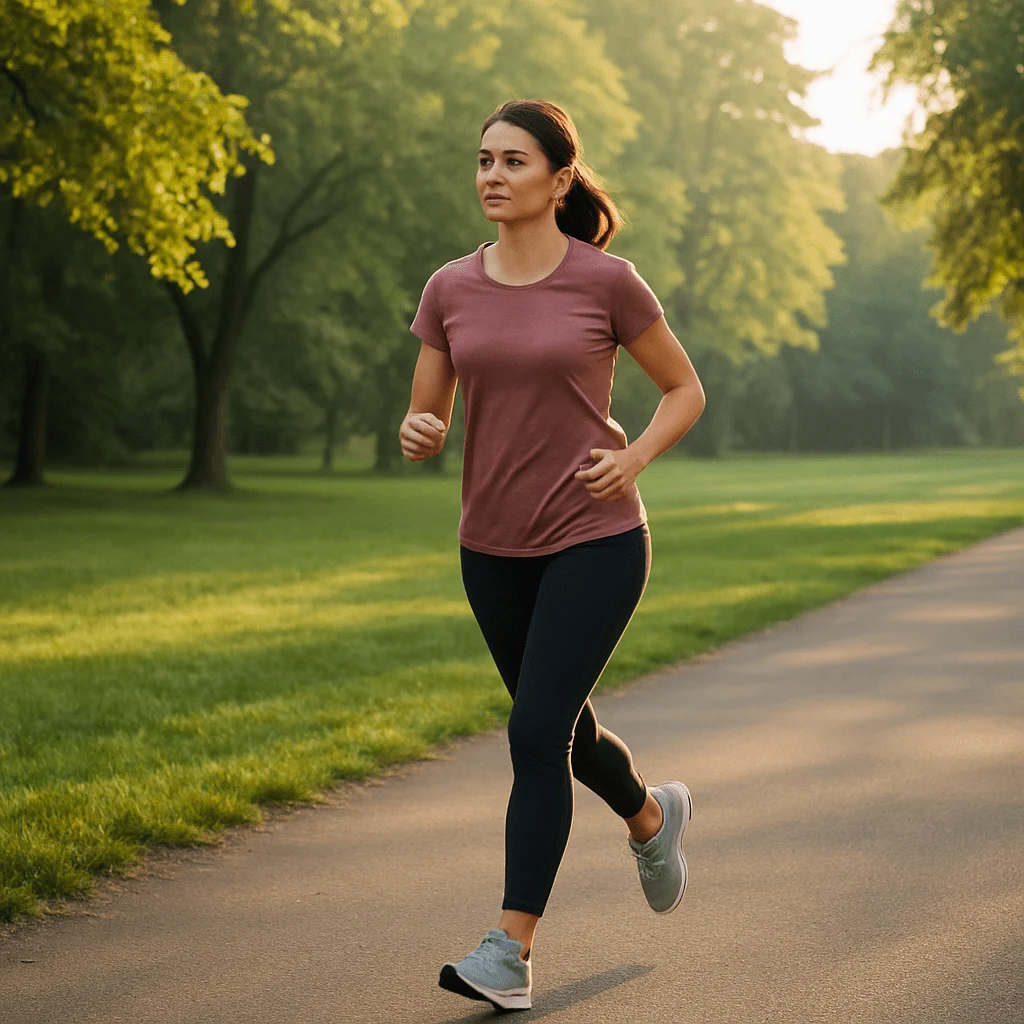 Woman jogging lightly outdoors in a green park during daylight, representing daily movement and exercise for better sleep quality and energy balance.