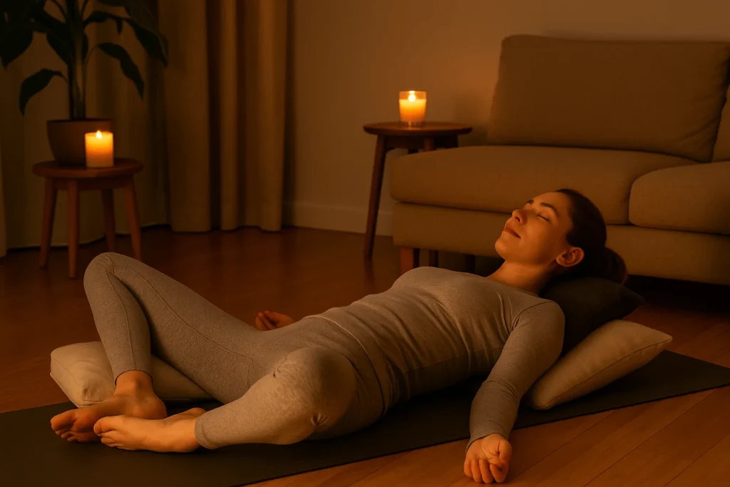 Woman practicing Reclined Bound Angle Pose on a yoga mat with pillows supporting her knees, relaxing in soft candlelight to unwind before sleep.