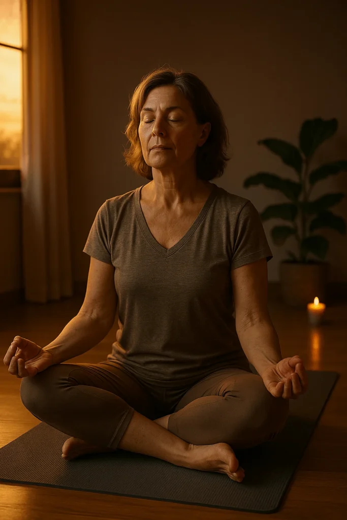 Woman practicing slow evening yoga breathing to activate the parasympathetic nervous system and prepare for restful sleep.
