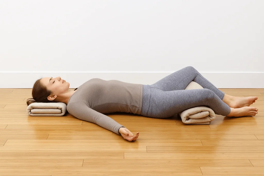 Woman lying in Supported Savasana with a rolled blanket under her knees and another under her head, relaxing deeply to slow her heart rate and prepare for sleep.