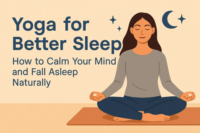 Illustration of a woman meditating calmly on a yoga mat under moon and stars with text “Yoga for Better Sleep: How to Calm Your Mind and Fall Asleep Naturally.”