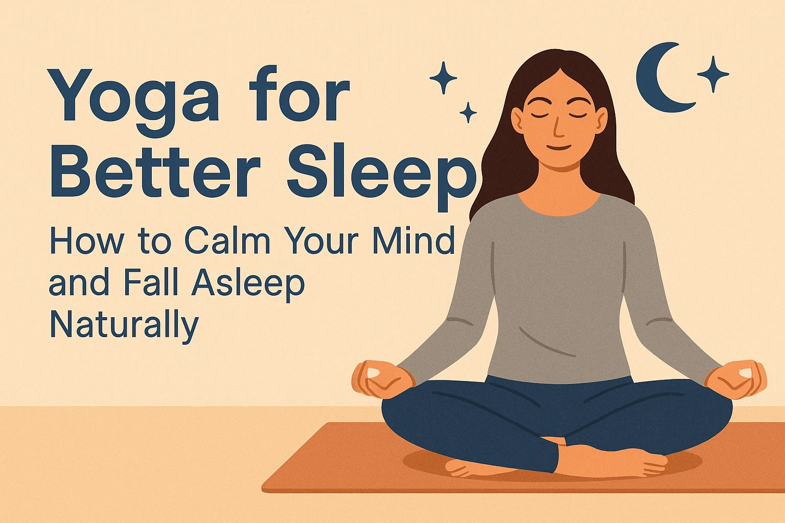 Illustration of a woman meditating calmly on a yoga mat under moon and stars with text “Yoga for Better Sleep: How to Calm Your Mind and Fall Asleep Naturally.”