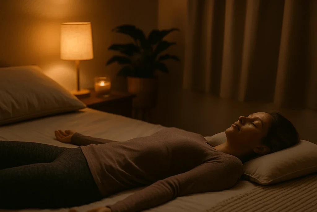 Woman lying comfortably on her back in a softly lit bedroom, practicing Yoga Nidra for sleep with slow breathing and deep relaxation before bed.