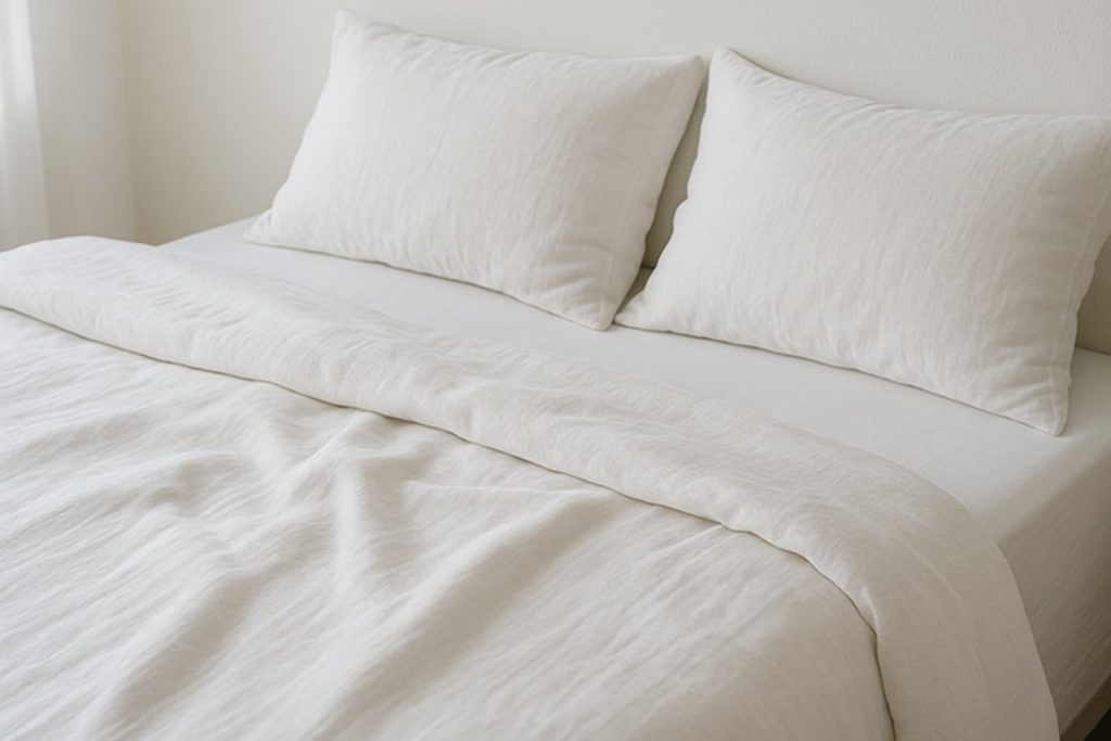 Breathable cotton and linen bedding that helps keep the bedroom cool for better sleep.