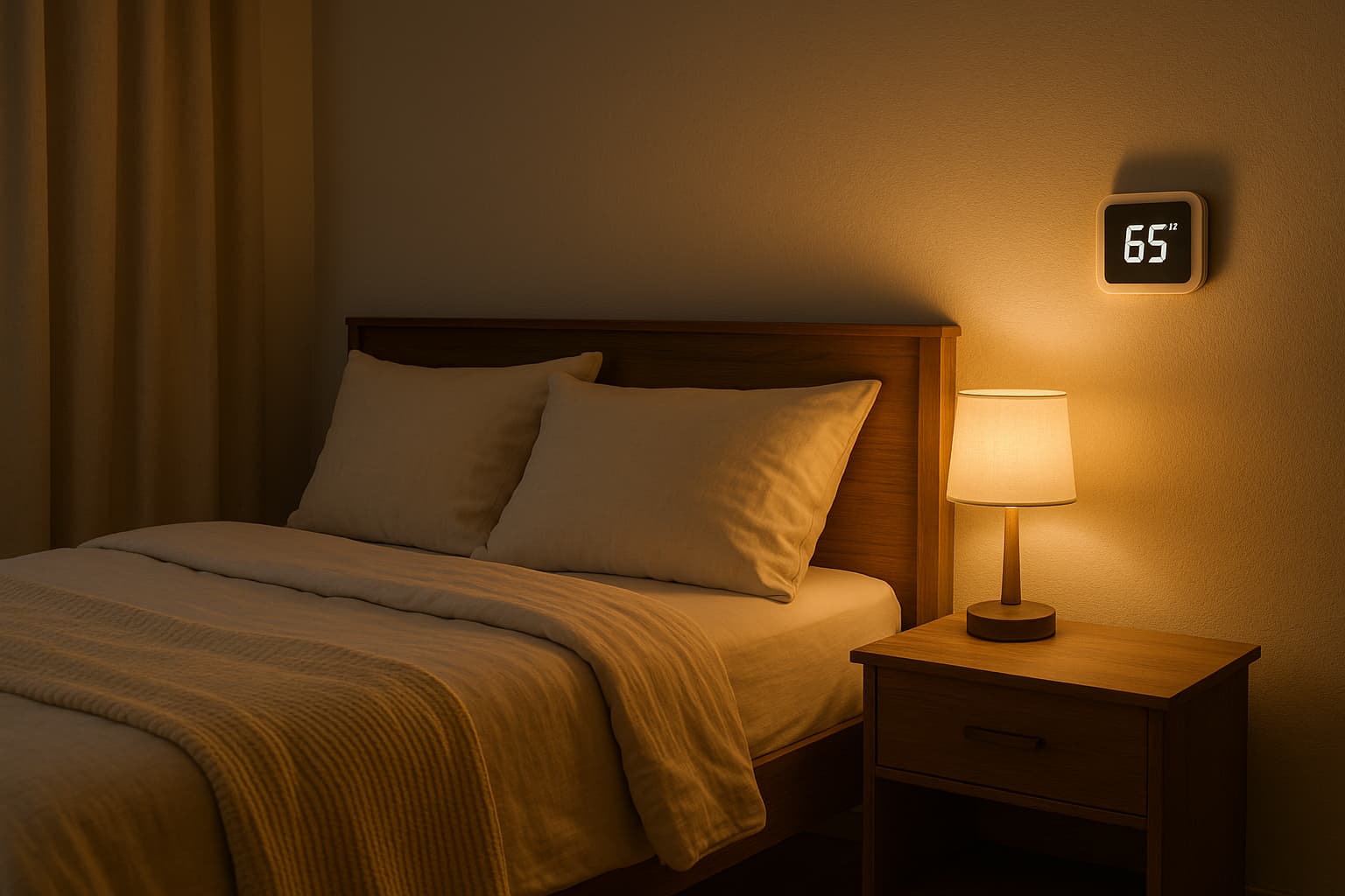 Cozy bedroom set to 65°F showing the best bedroom temperature for deep, restful sleep.