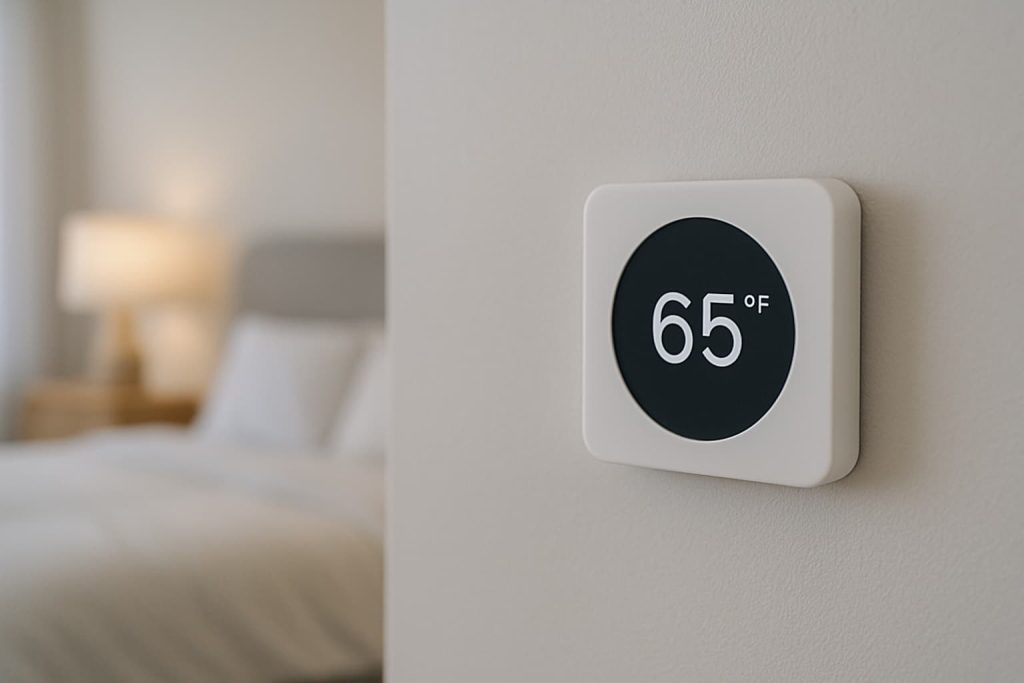 Thermostat set to 65°F showing the ideal bedroom temperature for deeper, restorative sleep.