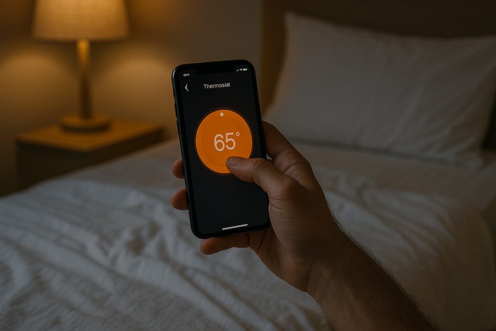 Person adjusting thermostat to find their perfect bedroom temperature for deep sleep.