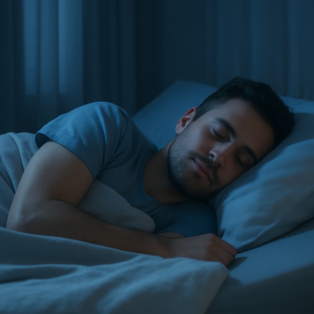 Person sleeping soundly in a cool room set to the best bedroom temperature for sleep, supporting the body’s natural sleep rhythm.