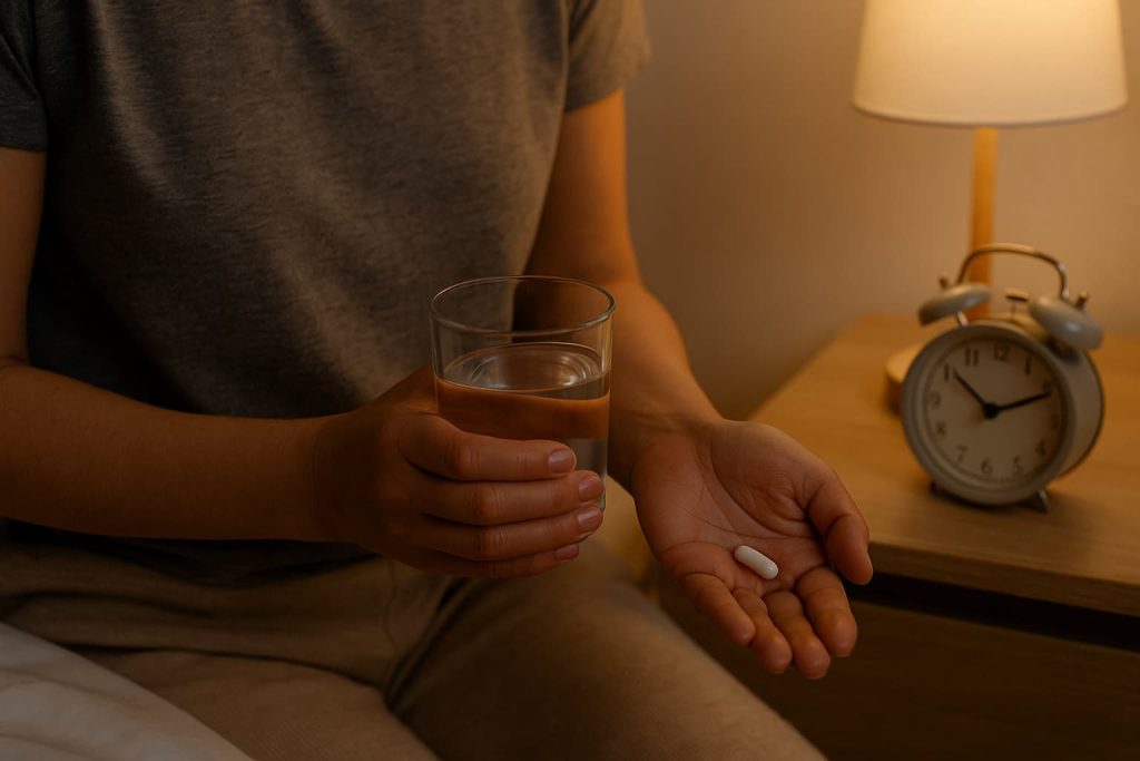 Person taking magnesium for sleep with a glass of water before bed, showing an evening routine with warm light and calm atmosphere.