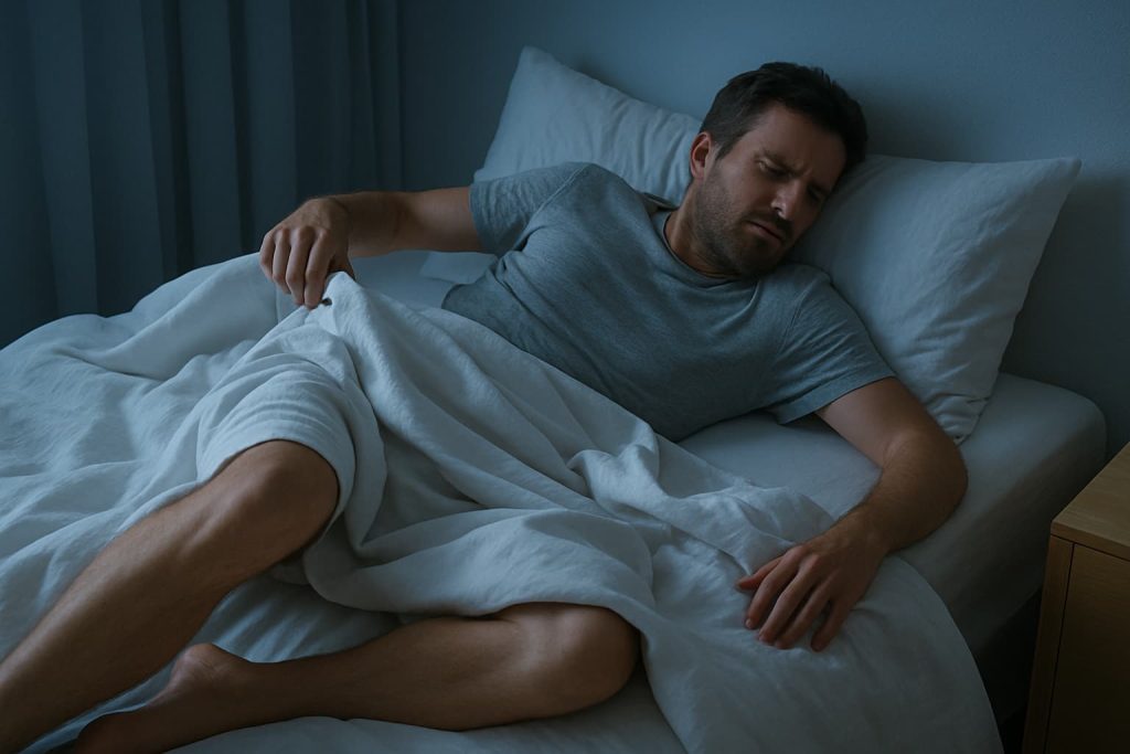 Person tossing and turning in bed due to a warm bedroom disrupting deep sleep.