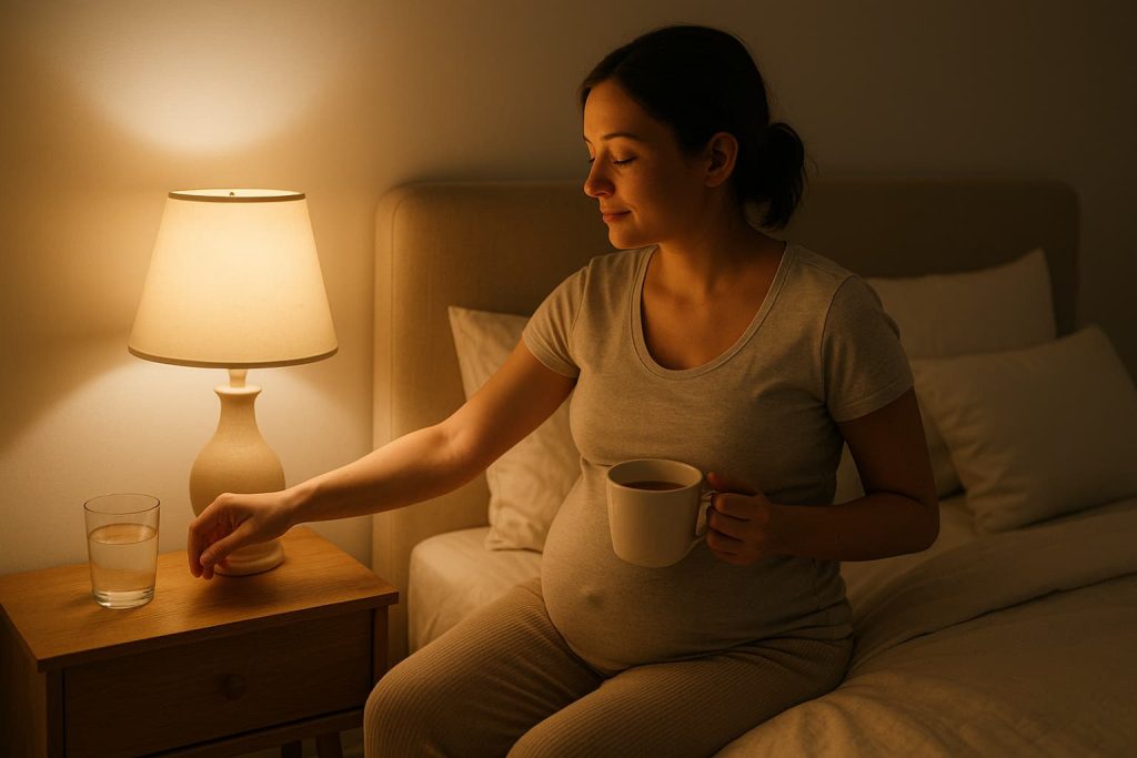 Pregnant woman following a calming bedtime routine with soft lighting and relaxing habits before sleep.