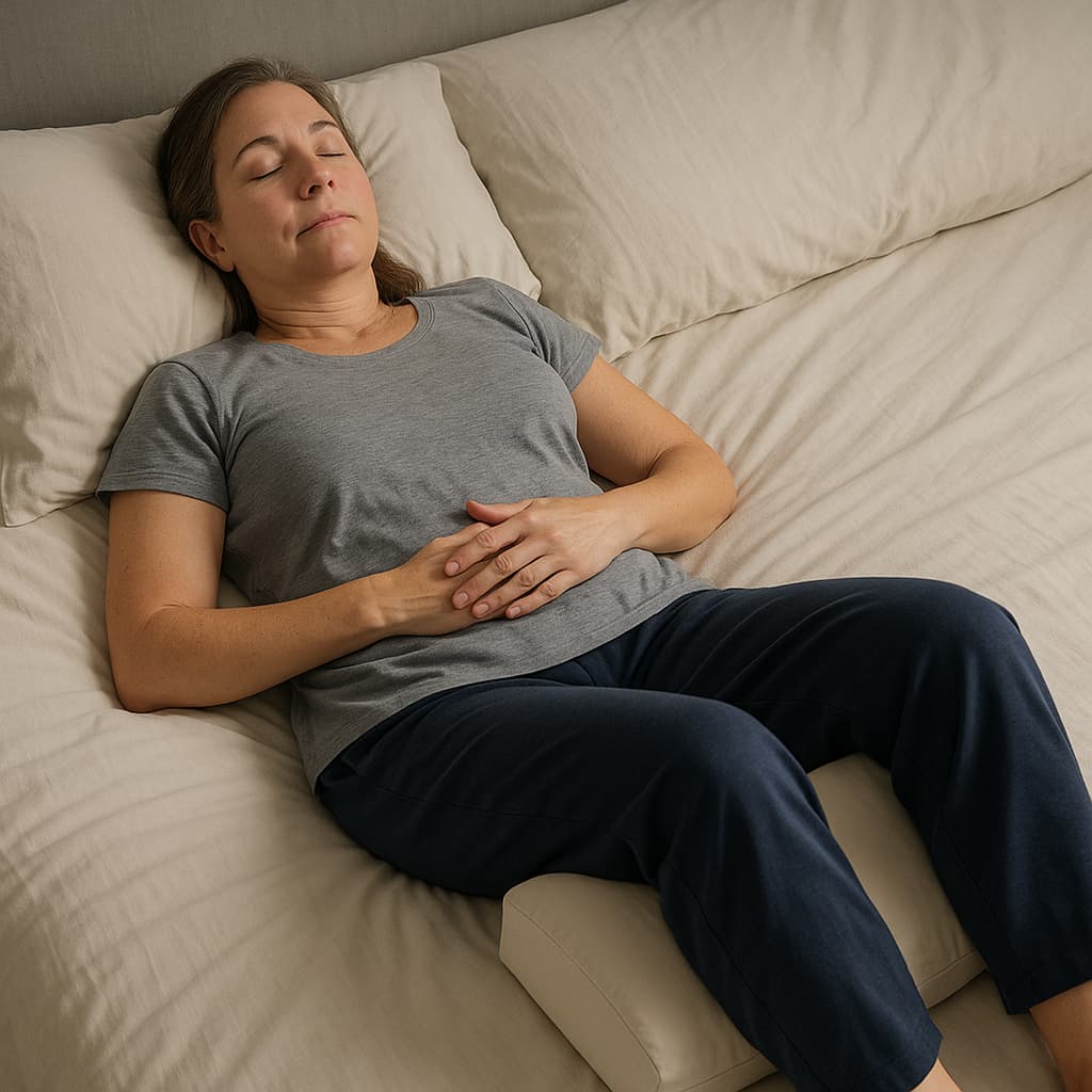 Person lying on their back with knees slightly elevated to relieve lower-back pressure.