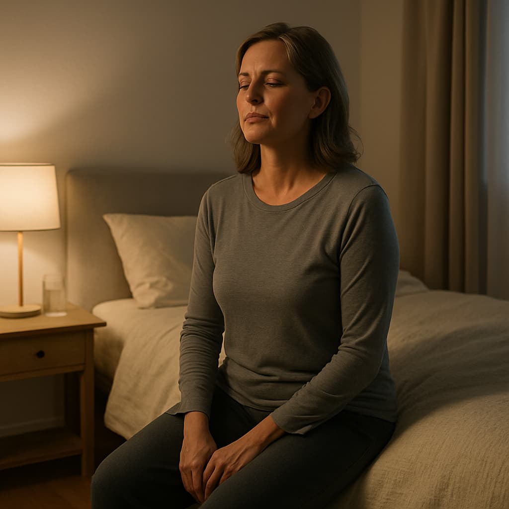 Person sitting on the edge of a bed taking a slow breath, preparing their body for sleep despite chronic pain.