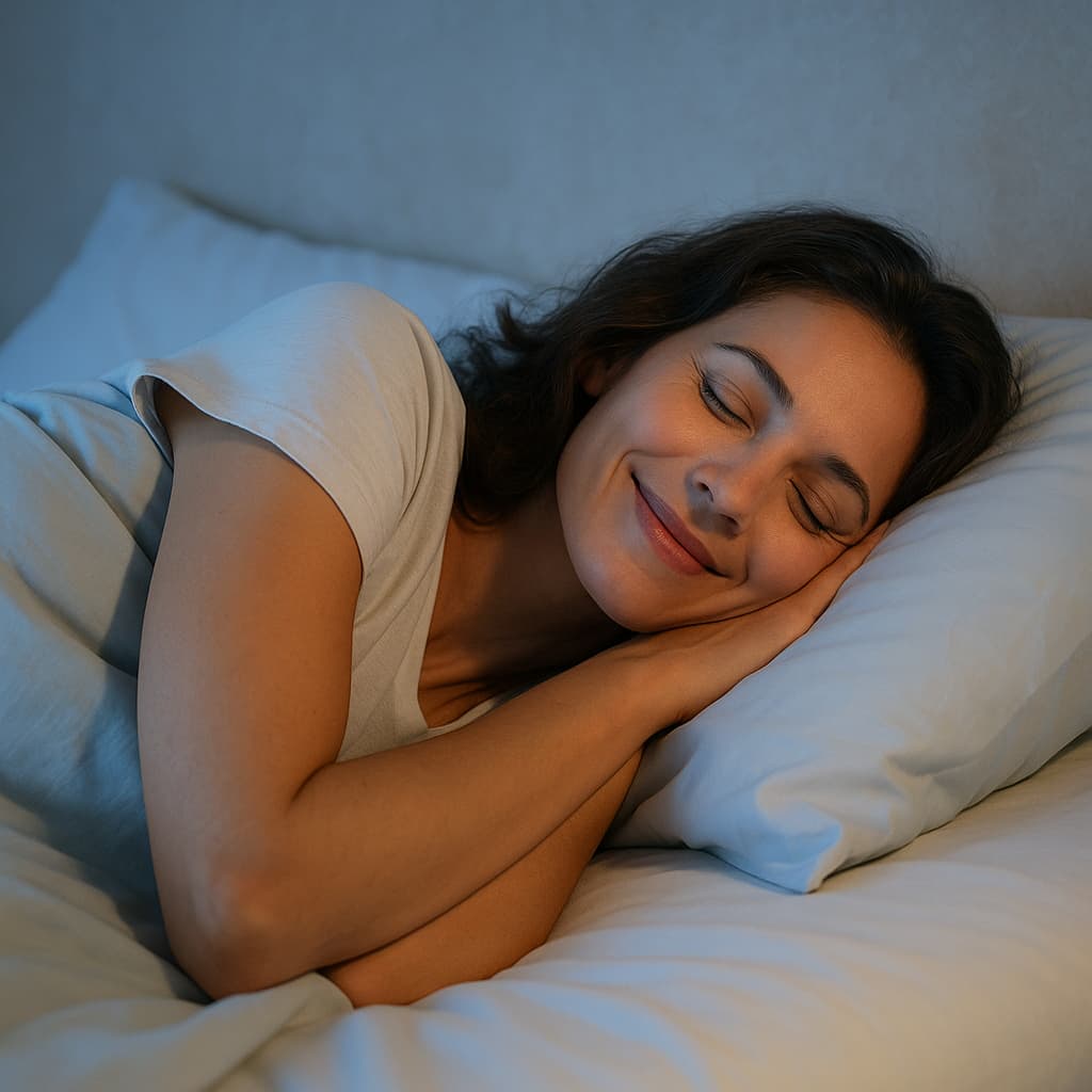 Person happily sleeping in bed with a peaceful smile, representing the calming effects of magnesium for sleep and relaxation.