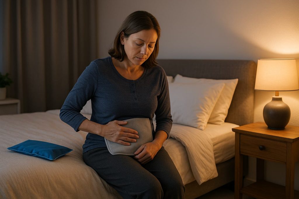 Person using heat and cold therapy in a quiet evening routine to ease discomfort before bed.