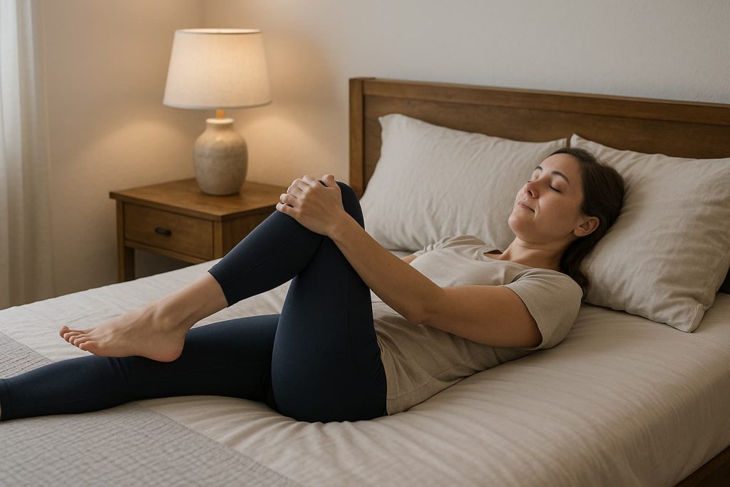 Person lying on their back gently pulling one knee toward their chest for a lower-back stretch.