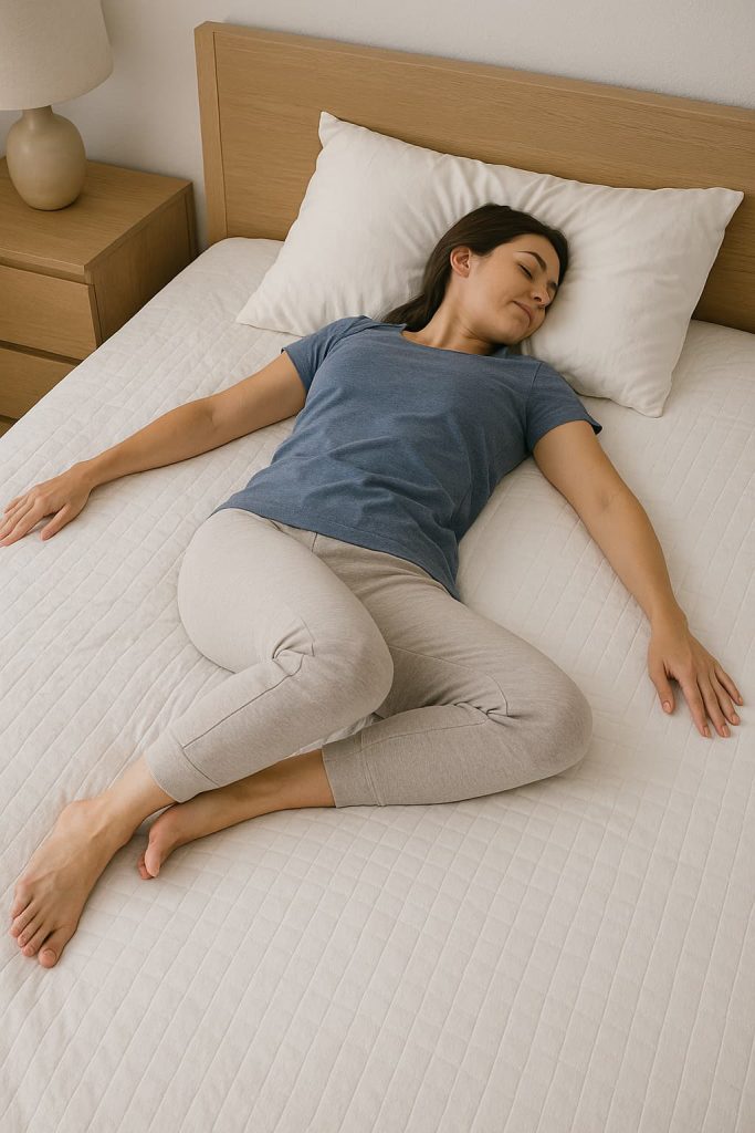 Person lying on their back with knees bent, gently rotating their legs to one side.