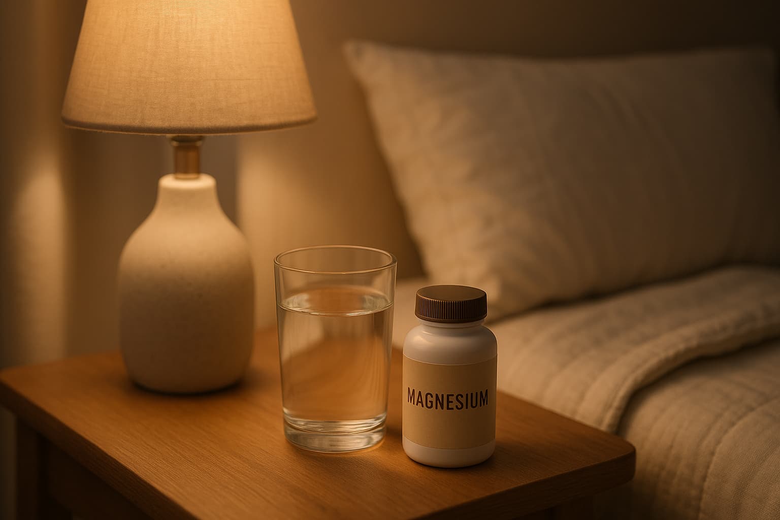 Magnesium for sleep supplement on a nightstand beside a glass of water, symbolizing natural support for deeper, more restful sleep.