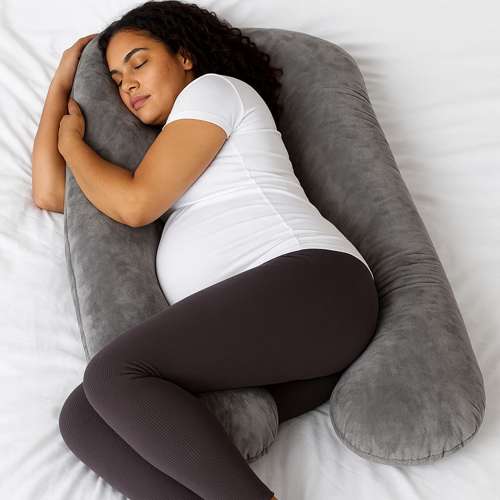 Pregnant woman sleeping on her side supported by a full U-shaped pregnancy pillow that cradles her back, belly, and legs for all-around nighttime comfort.