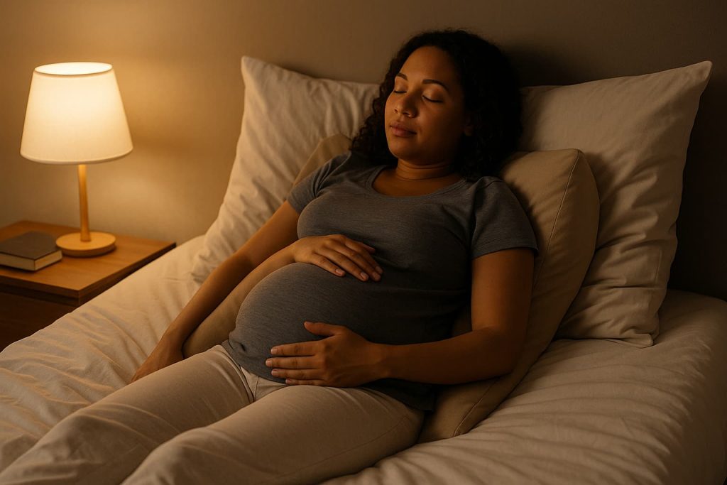 Pregnant woman resting in a semi-reclined position with pillows supporting her upper body to ease breathing and reduce nighttime heartburn.