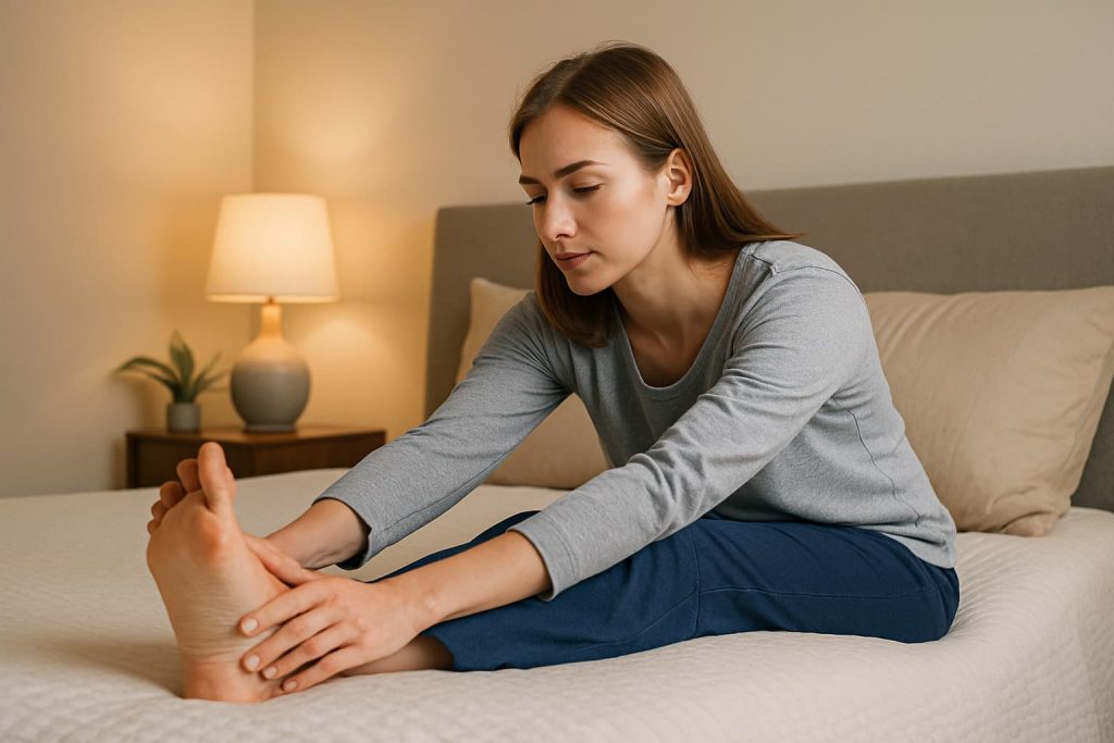 Person seated on the edge of a bed reaching toward one extended leg to stretch the hamstring.
