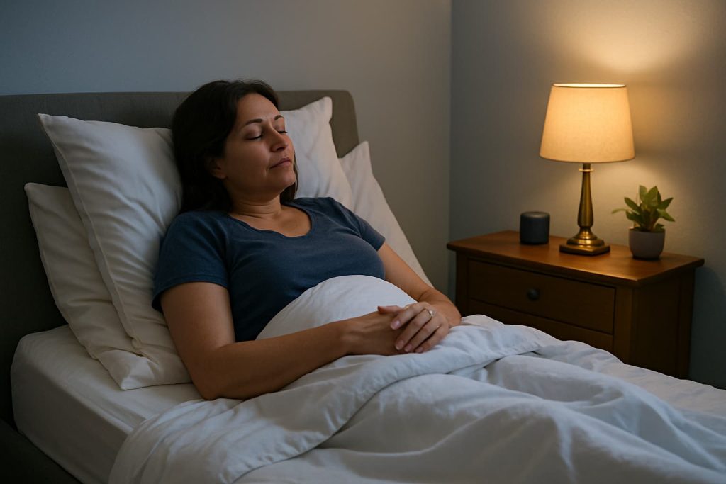 Person sleeping in a semi-reclined position to ease lumbar and nerve pain.