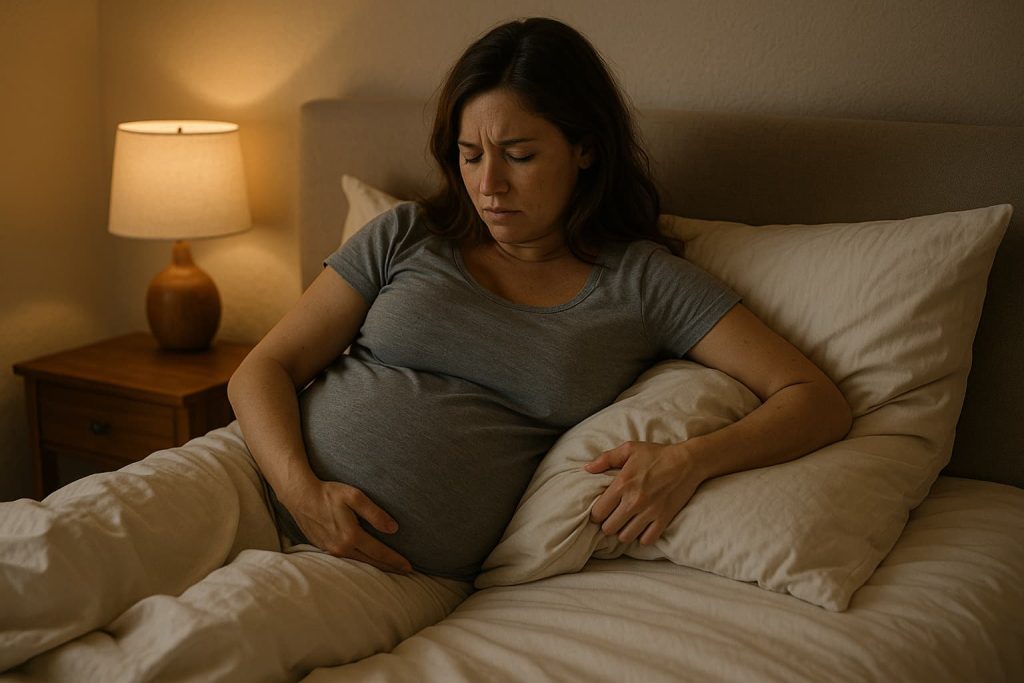 Pregnant woman adjusting pillows in bed, showing common nighttime discomfort that makes sleep harder during pregnancy.
