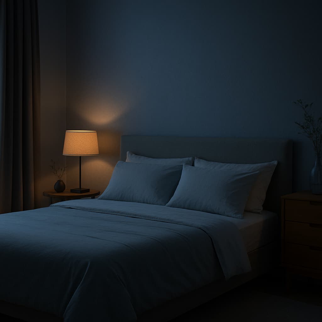 Calming bedroom setup with low lighting, cool tones, and supportive bedding for chronic pain sleep comfort.