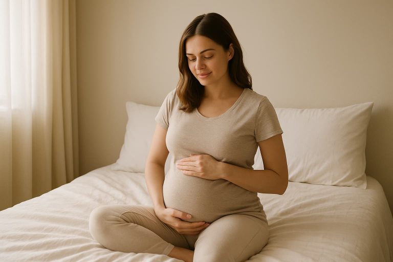 Pregnant woman sitting comfortably on a bed in soft morning light, representing the calm and cozy environment recommended in sleep tips for pregnant women.