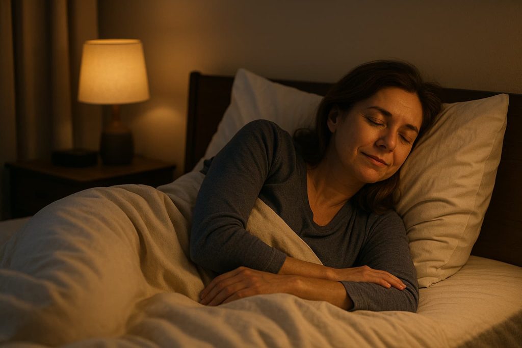 Person resting in bed with a calm expression sleeping well despite chronic pain.