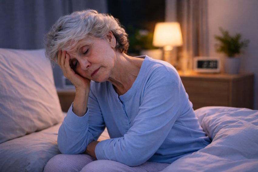 Senior woman experiencing nighttime exhaustion while sitting awake in bed.