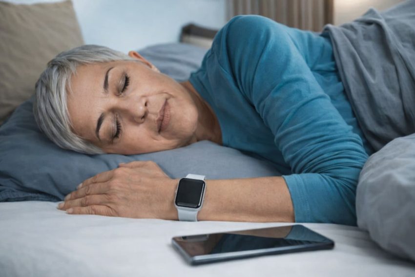 Person with diabetes wearing a glucose monitor resting on a couch during an afternoon nap