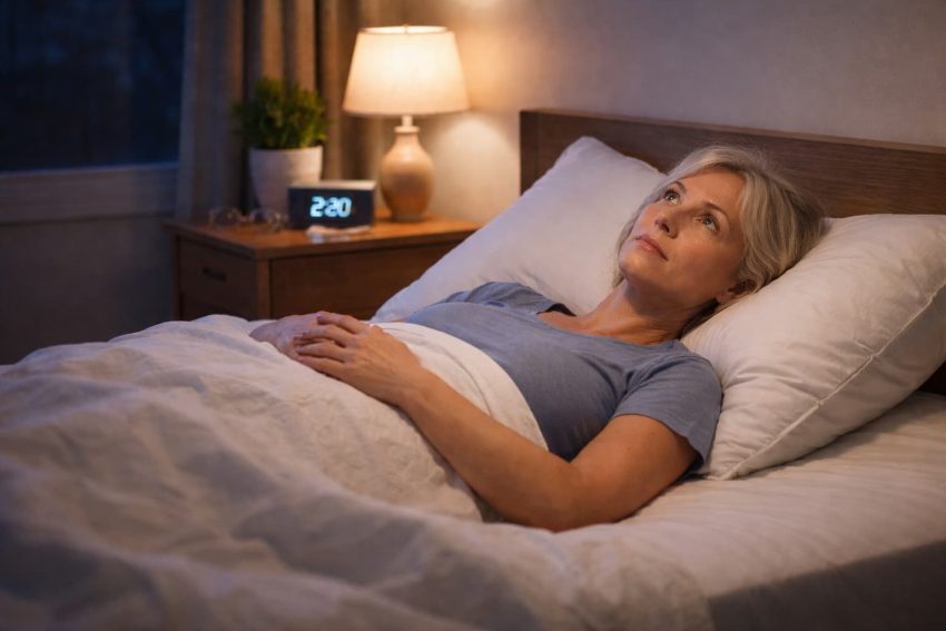 Older woman awake in bed at night with sympathetic nervous system activation.